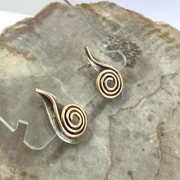 Artisan Textured Sterling Silver 925 Copper Mixed Metal Spiral Stud Earrings - Picture 2 of 16